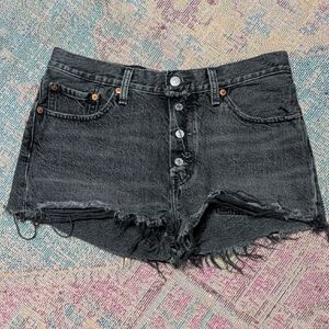 Vintg Levis 501XX Shorts Womens 28 Black Denim Button Fly Distressed Frayed Hem